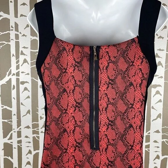 Red Snake-Print Sheath Dress with Black Panels - Picture 4 of 8